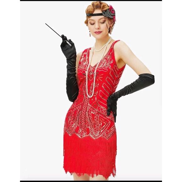 BABEYOND FLAPPER DRESS SIZE SMALL RED HOLIDAY PARTY 1920’S GREAT GATSBY PARTY - Picture 2 of 4